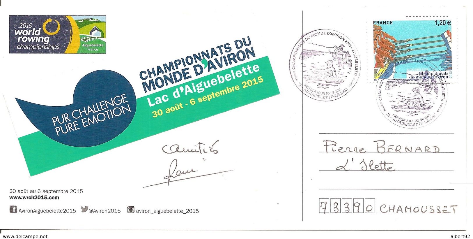 2015  Championnats Du Monde D'Aviron à Aiguebelette (France) Carte Officielle - Aviron