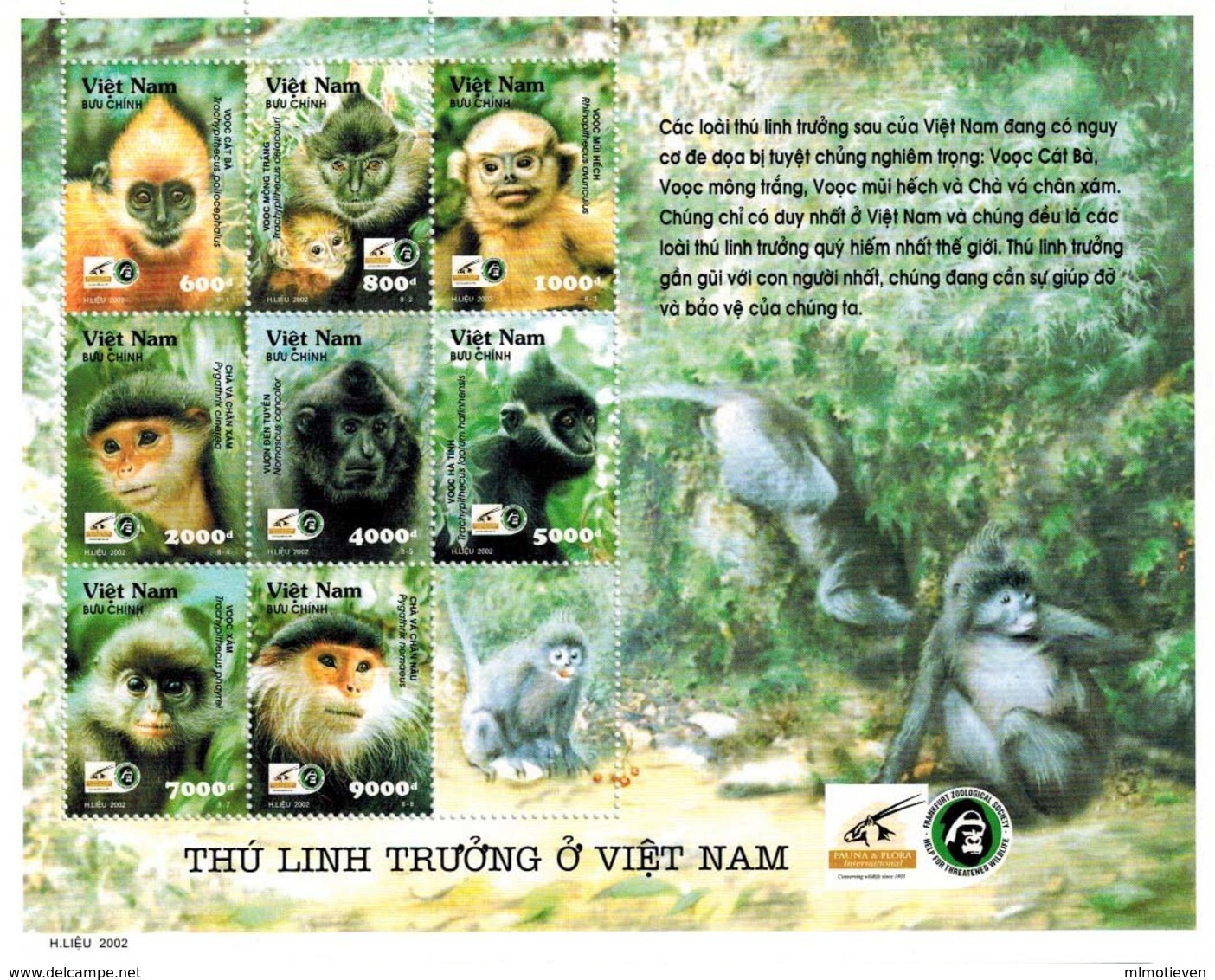 MDA-BK26-461 MINT ¤ VIETNAM 2002 9w In Serie  ¤ ENDANGERED ANIMALS - WILD ANIMALS - MONKEYS - Chimpancés