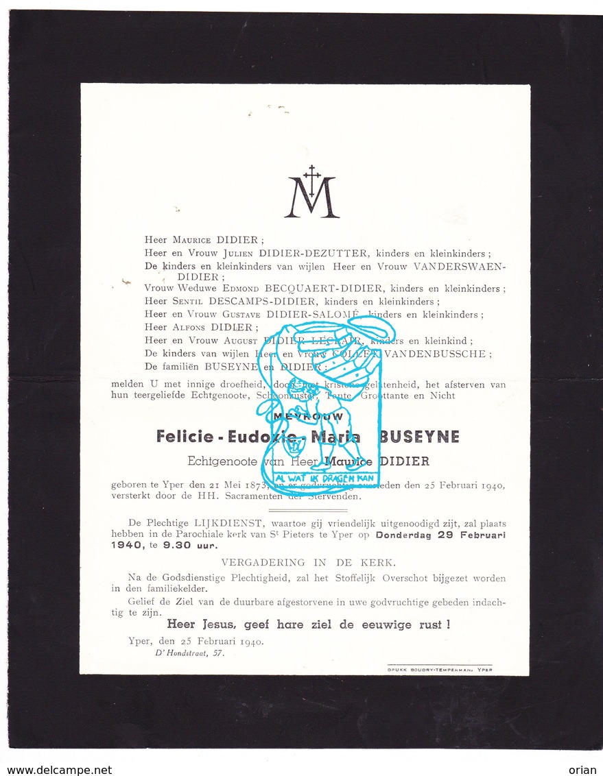 DB Felicie Eud. Buseyne ° Ieper 1873 † 1940 X M. Didier / Dezutter Vanderswaen Becquaert Descamps Salomé Leclair Collet - Obituary Notices