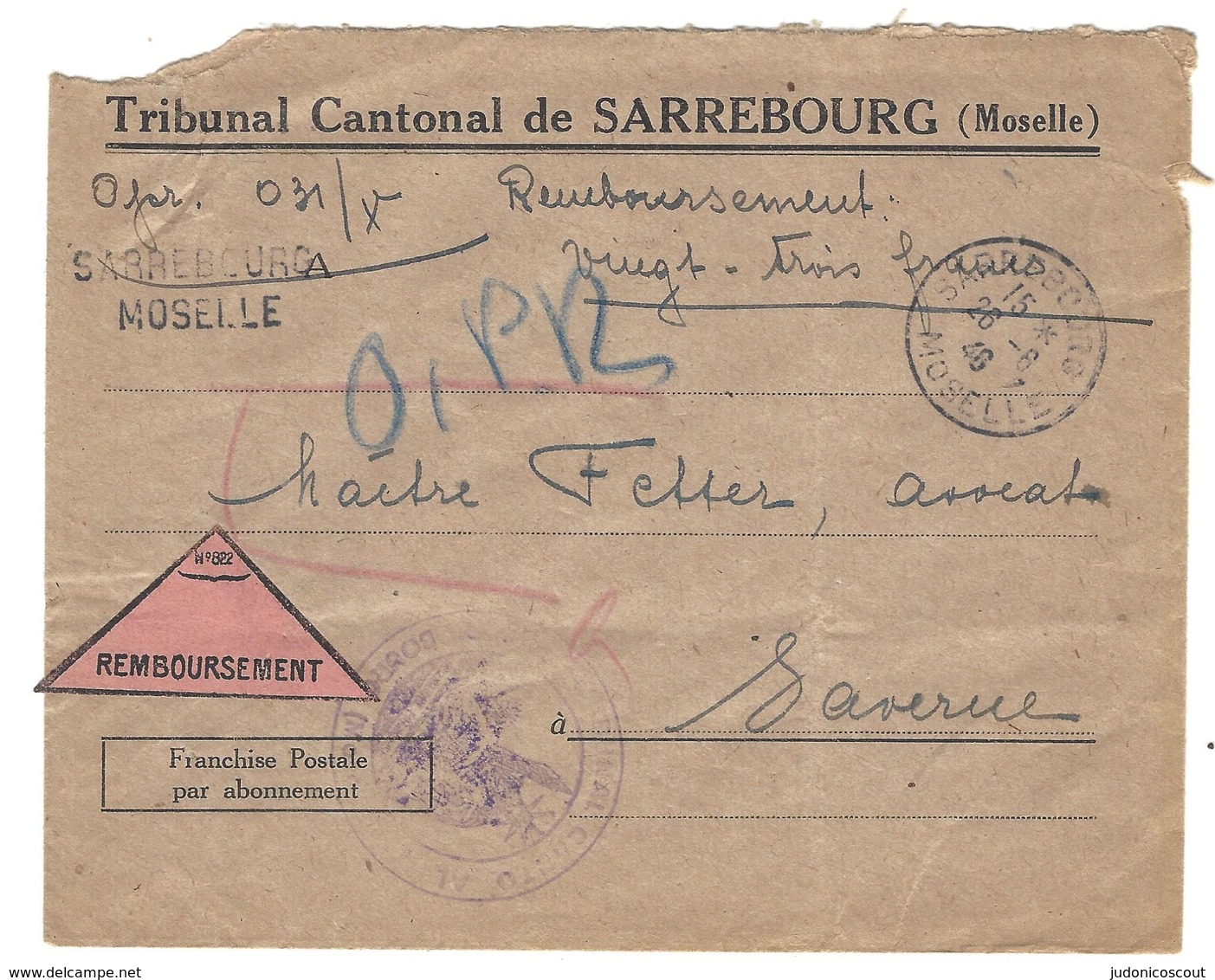 SARREBOURG LR - Cachet Provisoire 2 Lignes - Contre Remboursement 26.6.1946 En Franchise - 1921-1960: Période Moderne