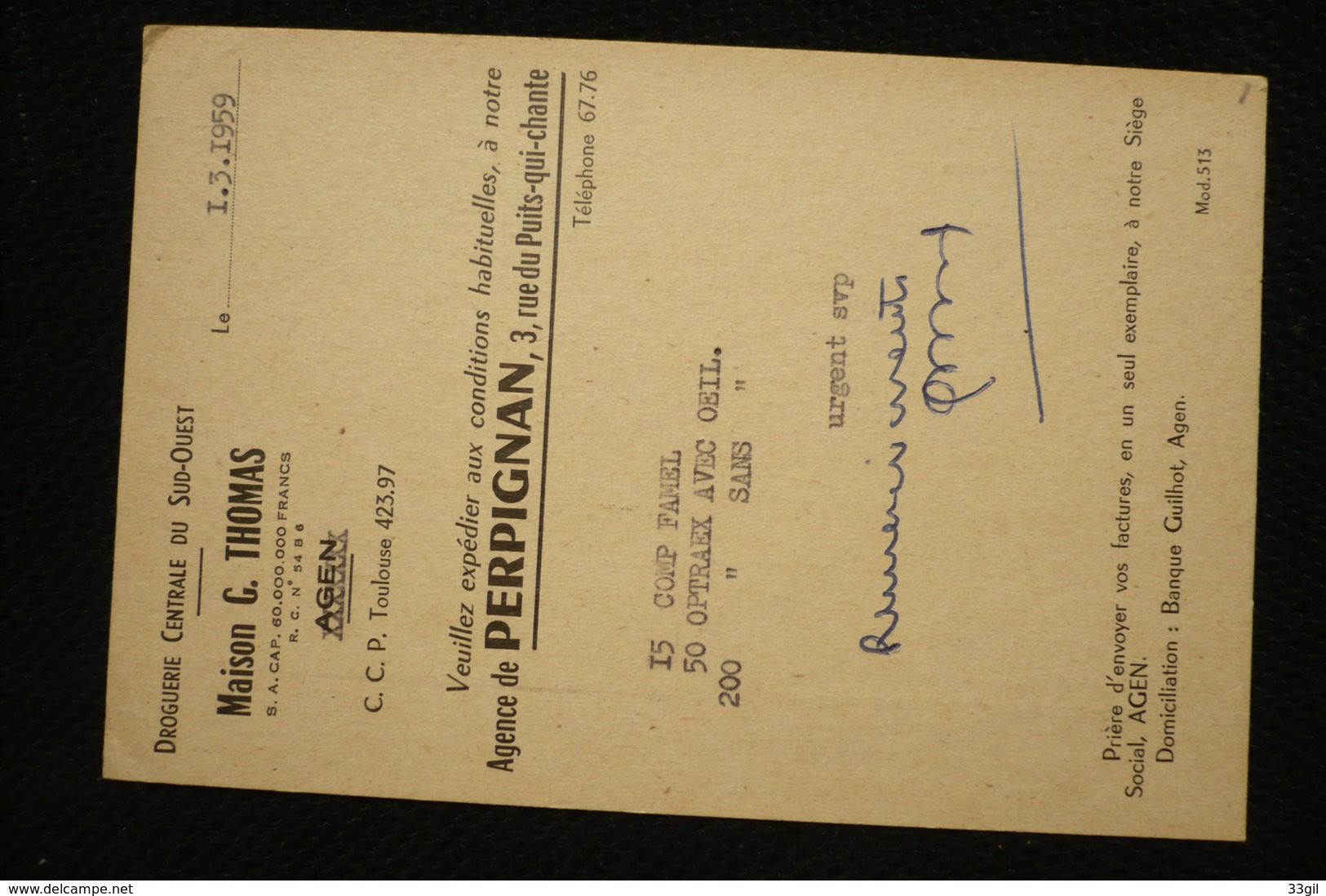 Palmes Académiques  N°1190 Seul Sur CP Commerciale Droguerie Du Sud Ouest  28/2/59 Perpignan - 1921-1960: Modern Tijdperk