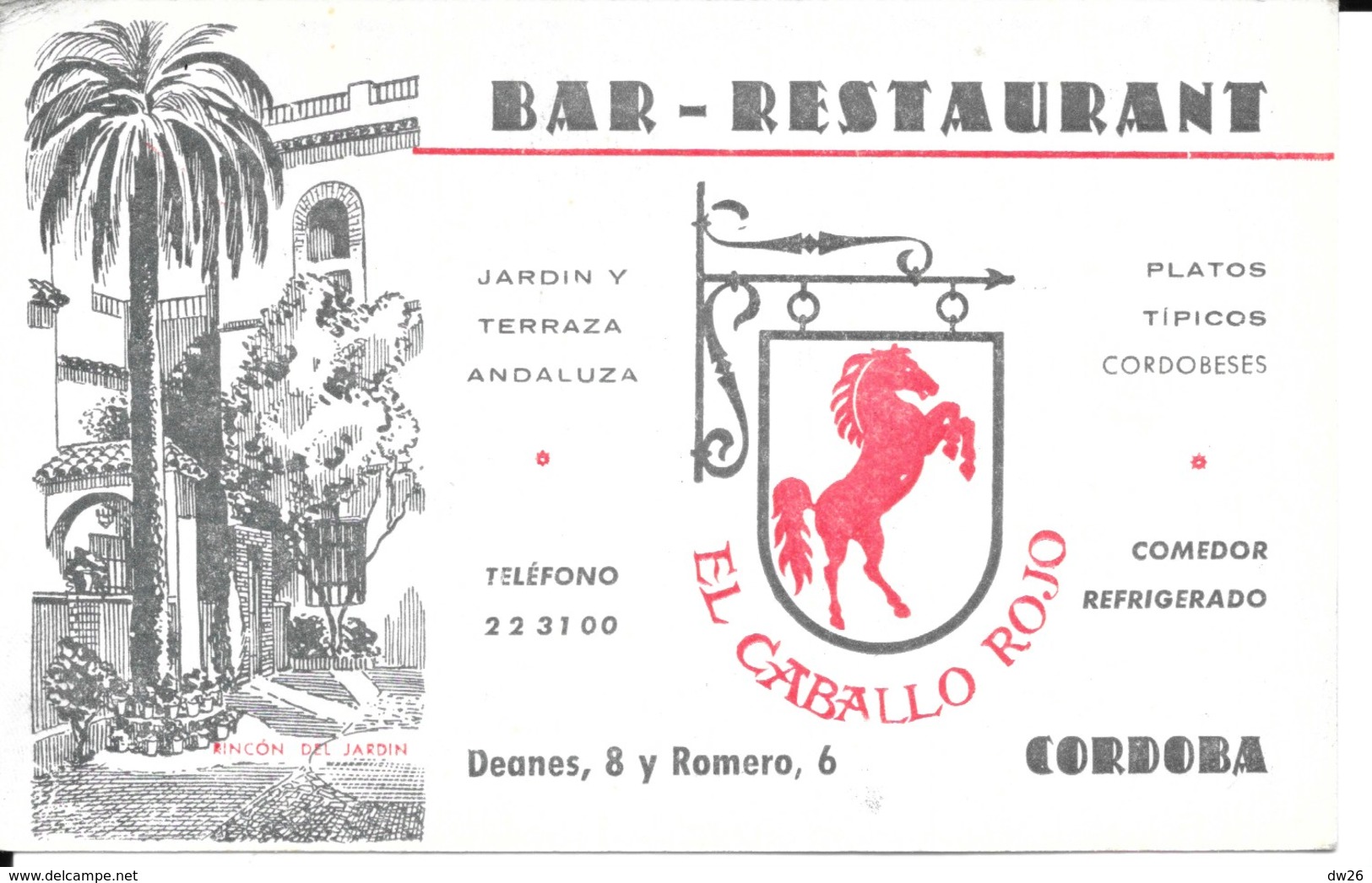 Carte De Visite Publicitaire - Bar-Restaurant El Caballo Rojo, Cordoba (Jardin Y Terraza Andaluza) - Visitekaartjes