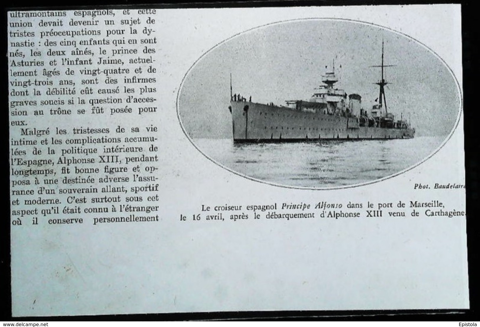 Navire  De Guerre - Croiseur Espagnol "PRINCIPE ALFONSO" à Marseille - Coupure De Presse (encadré Photo) De 1931 - Autres & Non Classés