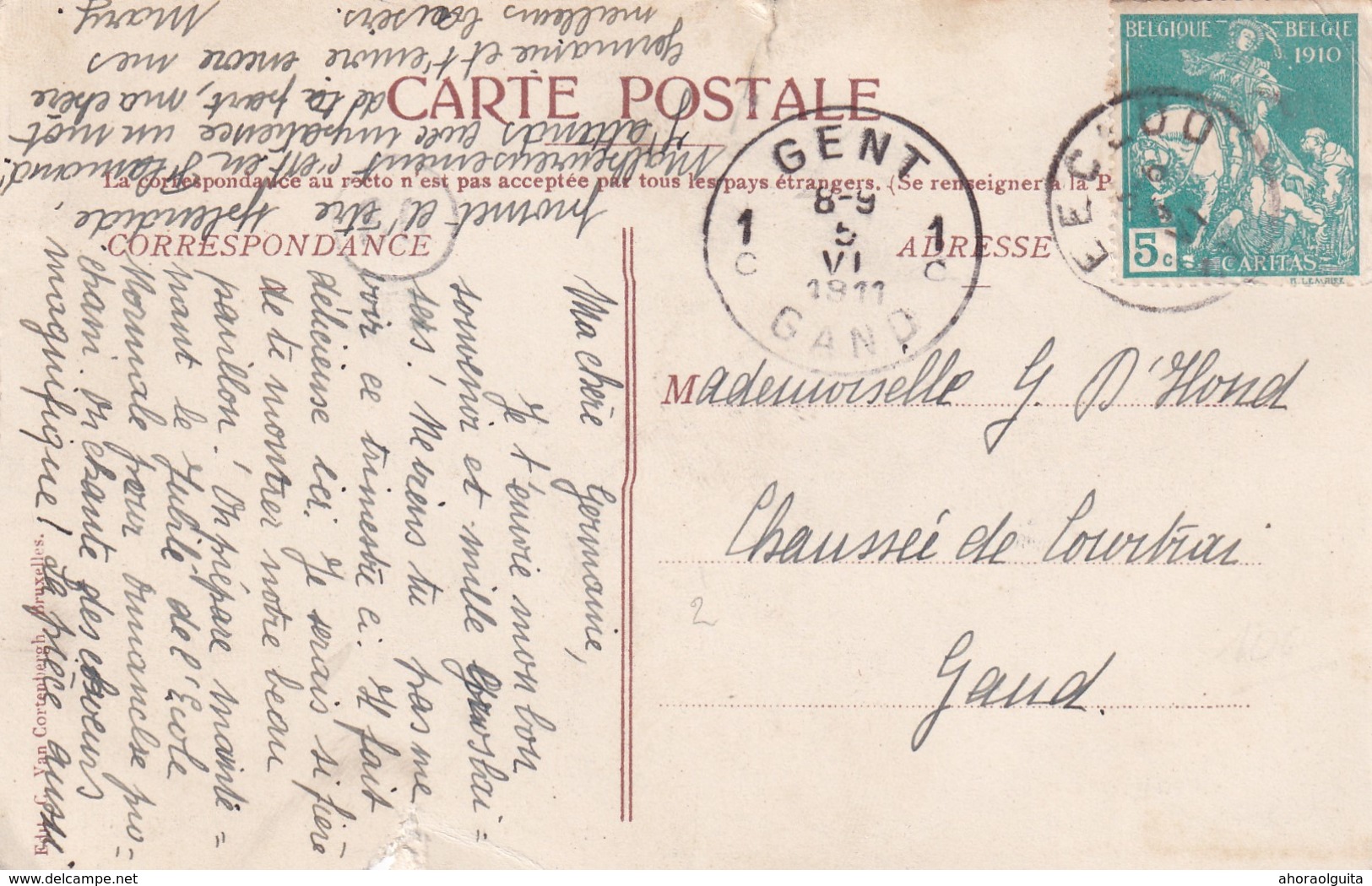 DDX 058 --  Carte-Vue EECLOO TP Caritas Lemaire EECLOO 1911 Vers GAND - COB 30 EUR S/lettre - 1910-1911 Caritas