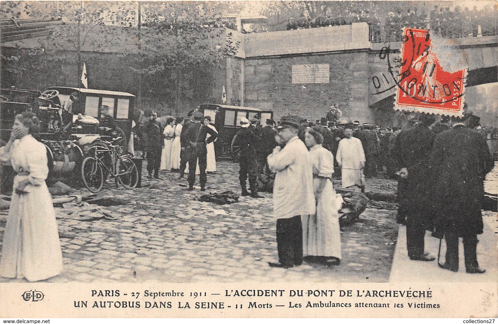 PARIS-27 SEP 1911, L'ACCIDENT DU PONT DE L'ARCHEVECHE, UN AUTOBUS DANS LA SEINE - Autres & Non Classés