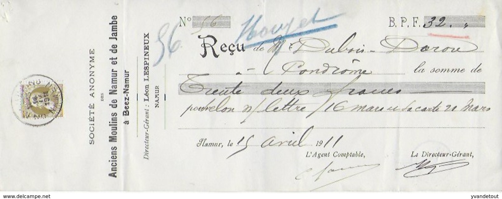 Quittance.Chèque. 1911. Anciens Moulins De Namur Et De Jambe à Béez-Namur. - 1900 – 1949