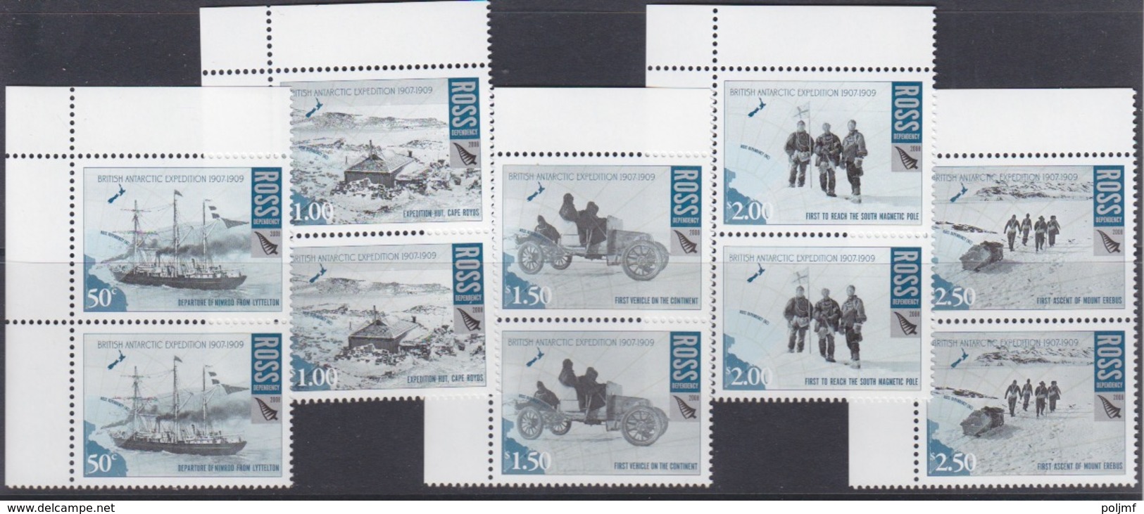 Ross, N° 115 à 119 X 2 (exp. Britannique En Antarctique, Nimrod, Hutte, Voiture, Prof. Edgeworth, Mont Erébus) Neuf ** - Unused Stamps