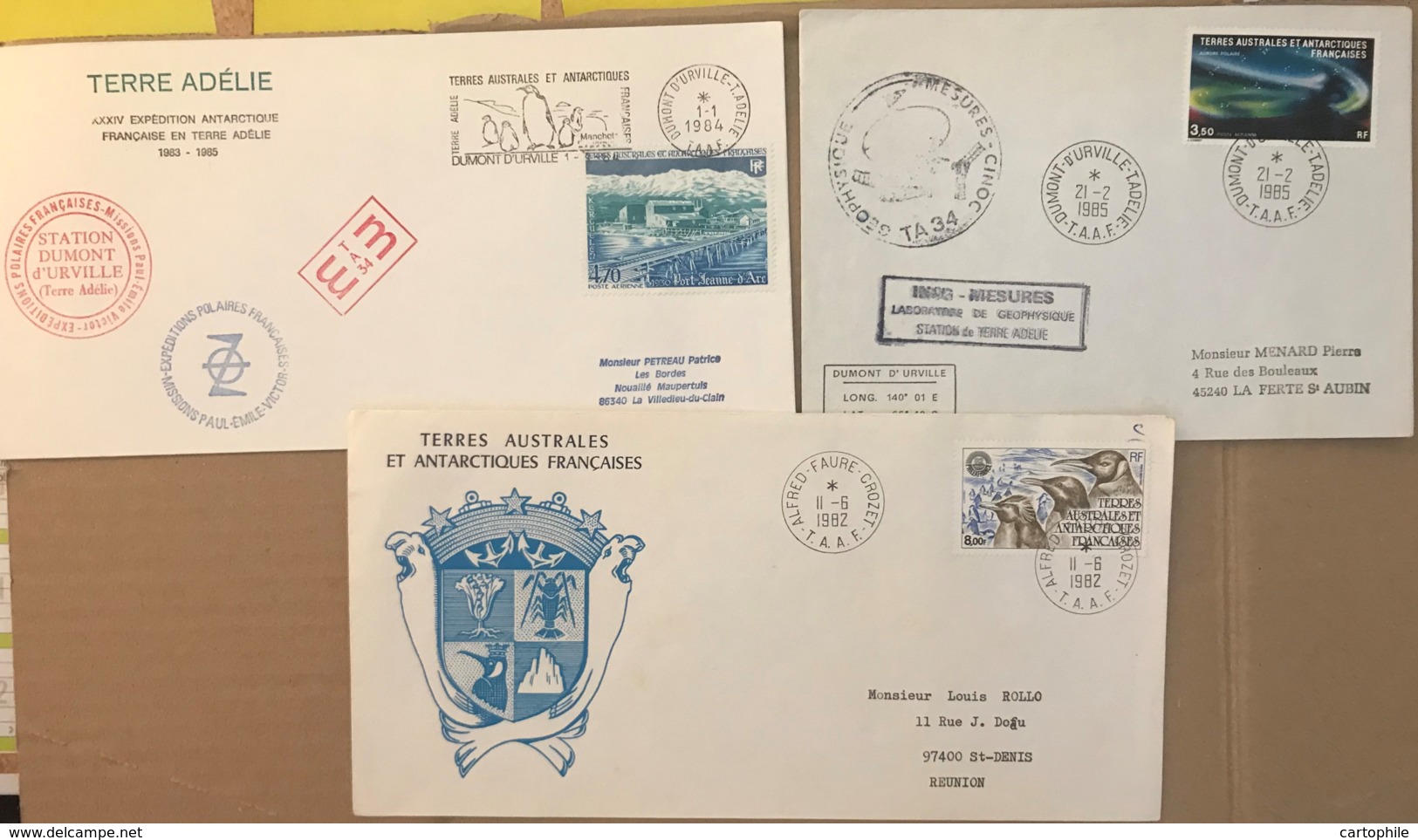 TAAF - SUR LETTRE DUMONT-D'URVILLE - XXXIV° EXPEDITION ANTARTIQUE 1983-1985 + Crozet 1982 - Storia Postale