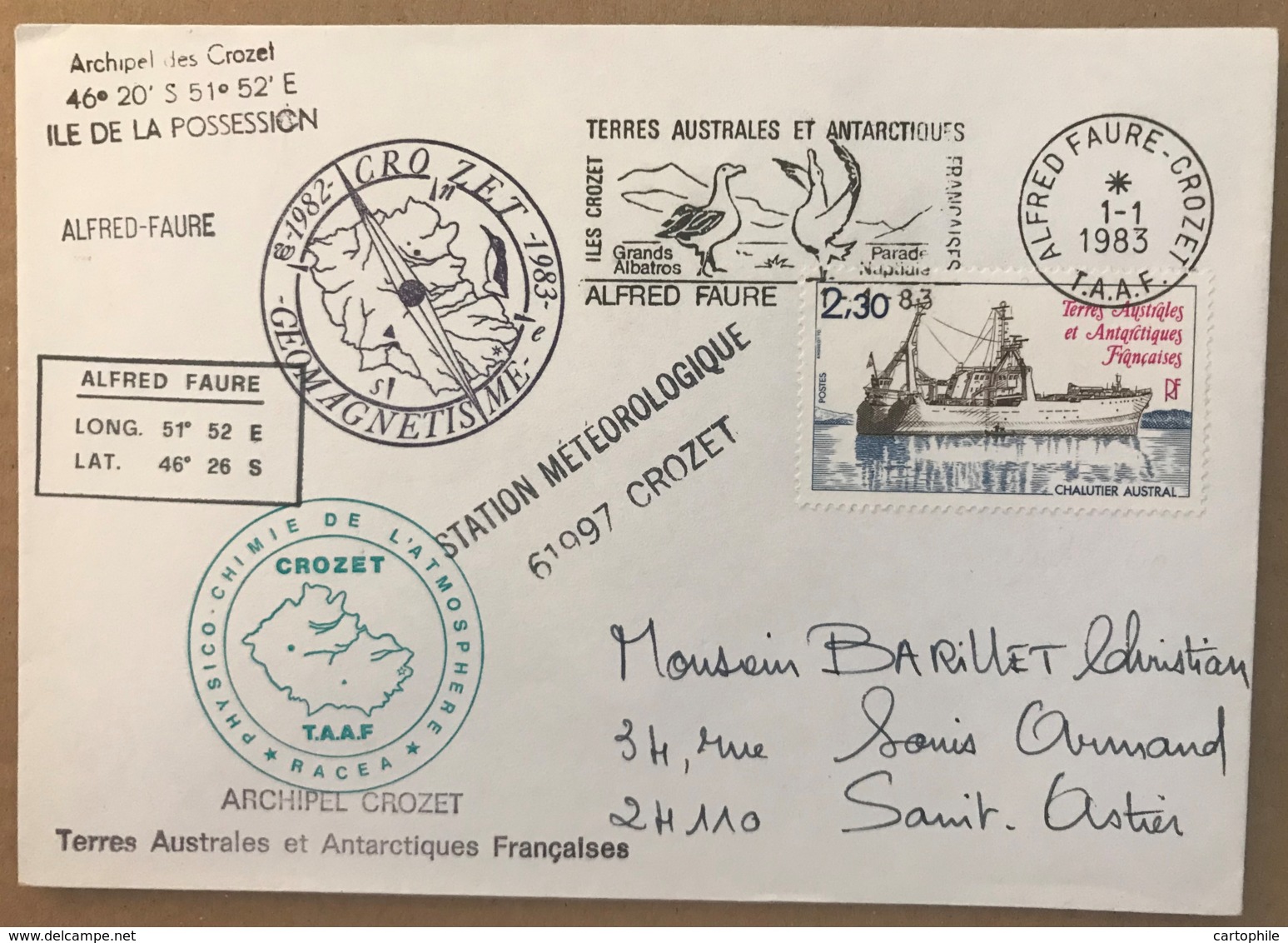 TAAF - SUR LETTRE ALFRED FAURE 1983 - Station Meteo Crozet - Covers & Documents