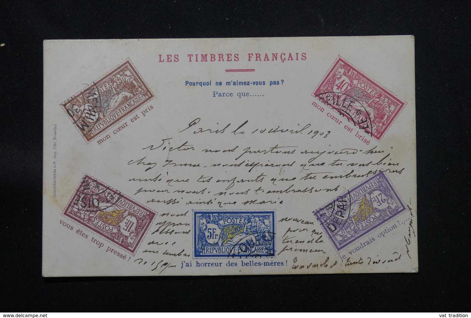 TIMBRES - Carte Postale - Représentation Des Mersons Sur Carte Postale, Voyagé En 1903 - L 59735 - Timbres (représentations)