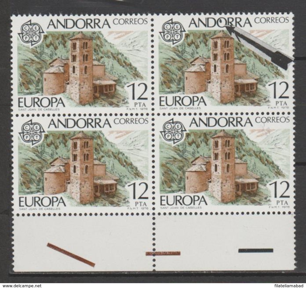 ANDORRA C. ESPAÑOL VARIEDAD BLOQUE DE 4 SELLOS UNO CON PUNTO NEGRO DENTRO DE LA O (K.2) - Nuevos