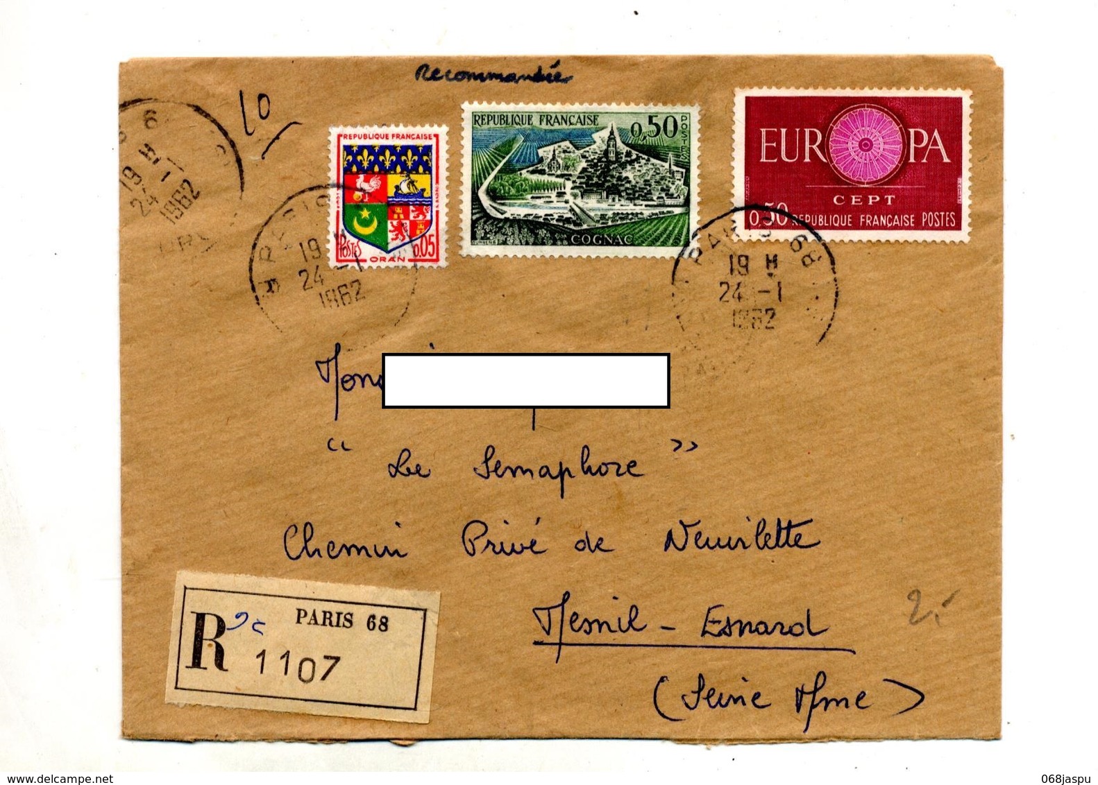 Lettre Recommandée Paris 68 Sur Europa Cognac - Handstempel