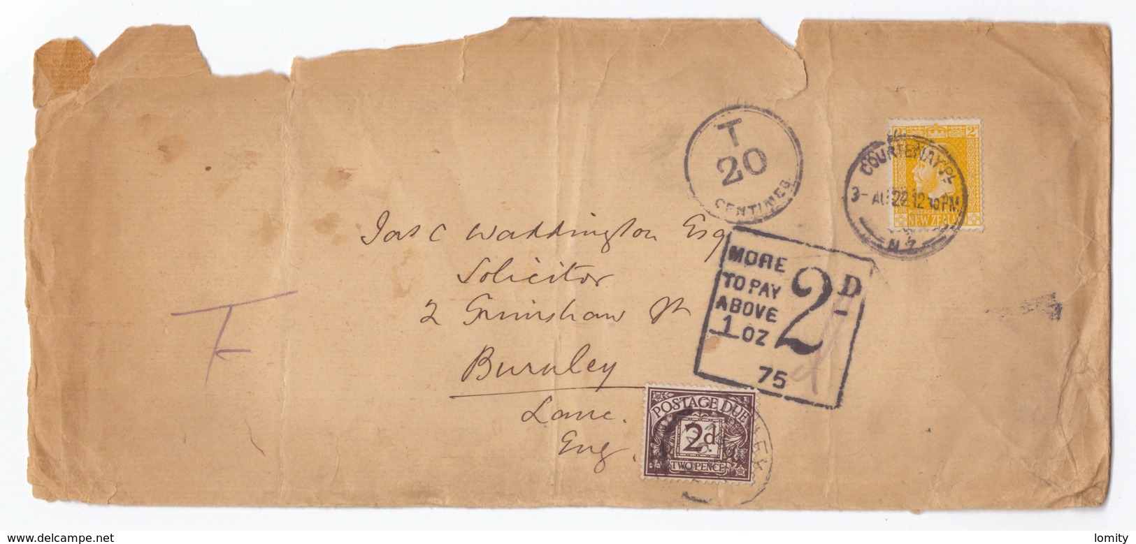 Nouvelle Zelande Lettre Taxée Timbre N°166 + Timbre Taxe Anglais Cachet More To Pay Above 2d Postage Due - Storia Postale