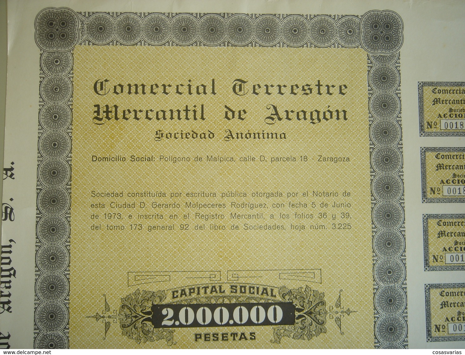 COMERCIAL TERRESTRE MERCANTIL ARAGÓN - Acción 1000 Pesetas - Zaragoza, 5 Junio 1974 - OriginalACTION AKTION - Transport