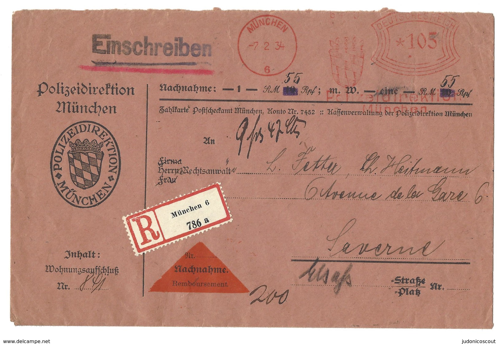 MÜNCHEN - Einschreiben Mit Nachnahme - Mechanisches Porto "Polizeidirektion München" - 7.2.1934 - Andere & Zonder Classificatie
