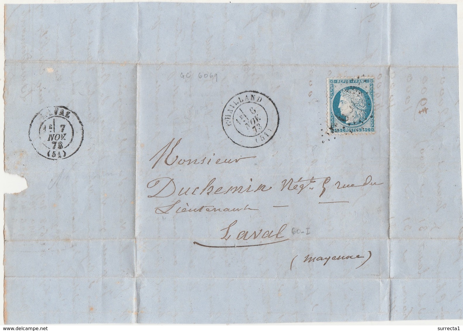1873 LAC Partielle / Cachet De Chailland + Grille GC 6069 / Levoul Desmont Pour Duchemin Négociant à Laval / 53 Mayenne - 1800 – 1899