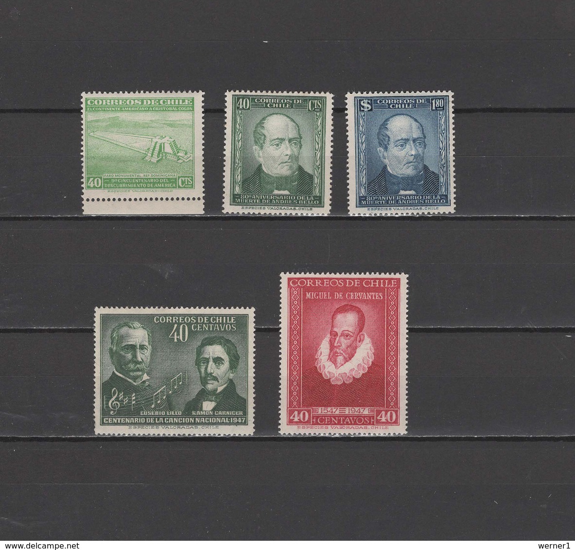 Chile 1945/1947 Michel 352-354, 357-358 Discovery Of America 450th, Andres Bello, National Anthem Etc. 5 Stamps MNH - Chile