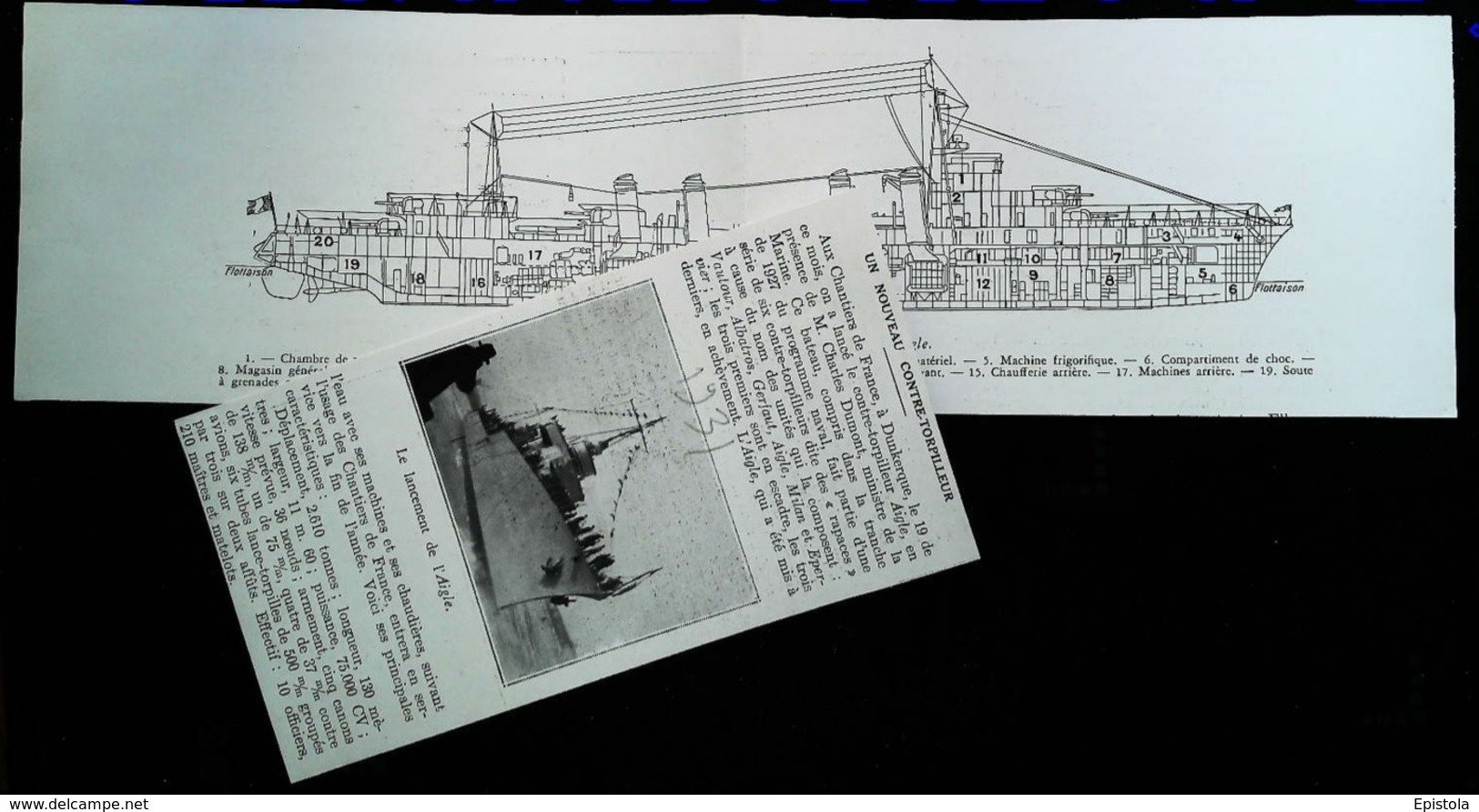 Plan De Coupe D'un Navire  Contre Torpilleur "AIGLE"  - Coupure De Presse (encadré Photo) De 1931 - Autres Plans