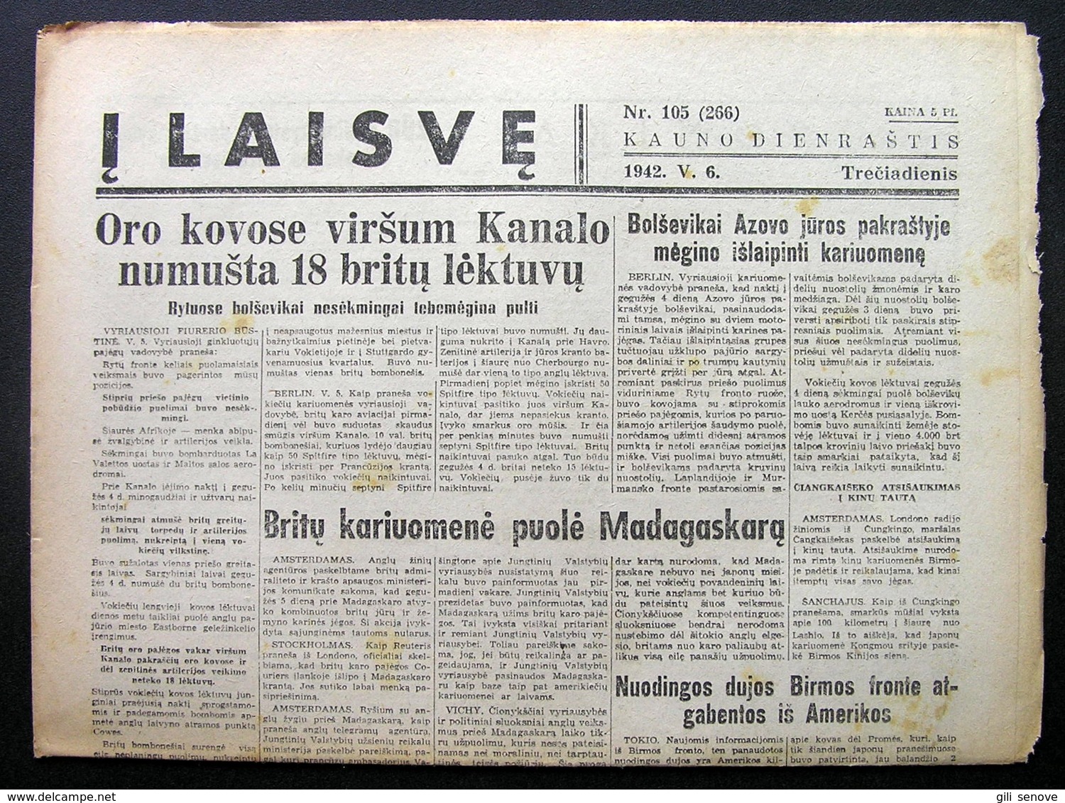 Lithuanian Newspaper/ Į Laisvę No. 105 1942.05.06 - Algemene Informatie