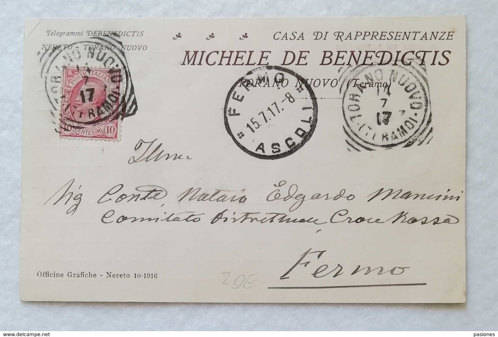 Cartolina Con Testata Pubblicitaria Casa Di Rappresentanze Michele De Benedictis Torano Nuovo (TE) Per Fermo 1917 - Marcophilia