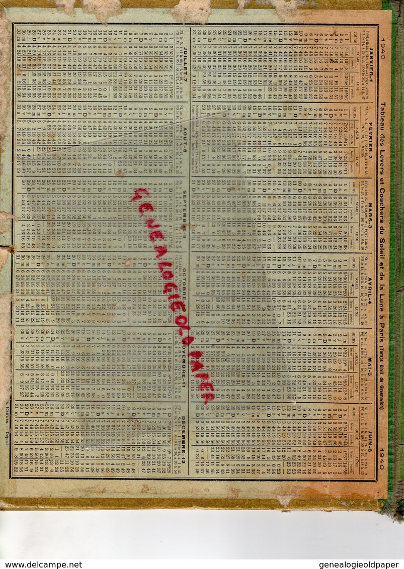 CALENDRIER 1940- ALMANACH HAUTE VIENNE LIMOGES-ROCHECHOUART-ST SAINT JUNIEN-SAINT YRIEIX-BELLAC-BOULEVARD GARAVAN MENTON - Tamaño Grande : 1921-40