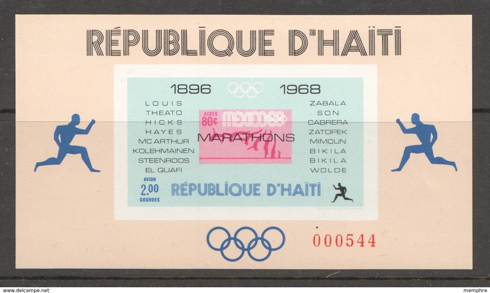 1969  Champions Du Marathon Olympique  Bloc Feuillet 2G Non-dentelé - Haití