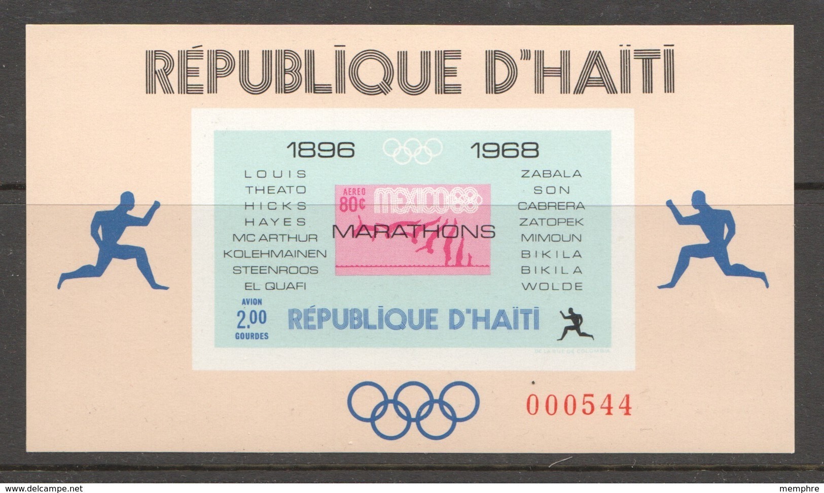 1969  Champions Du Marathon Olympique  Bloc Feuillet 2G Non-dentelé - Haiti