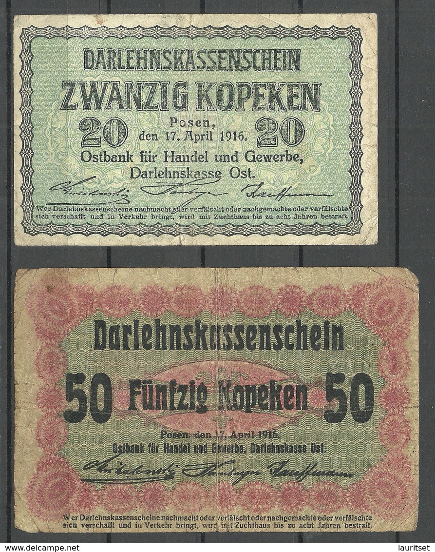 Germany Occupation Territories Ober-Ost 1916 WWI Posen Bank Notes 20 & 50 Kopeken - Eerste Wereldoorlog