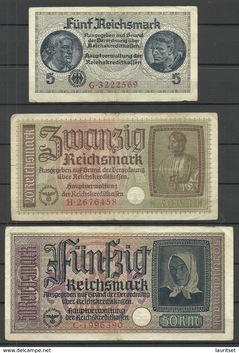 Germany Deutschland Occupation Territories Bank Notes 5 Reichsmark & 20 Reichsmark & 50 Reichsmark - 2° Guerra Mondiale