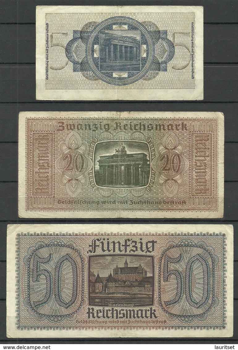 Germany Deutschland Occupation Territories Bank Notes 5 Reichsmark & 20 Reichsmark & 50 Reichsmark - 2° Guerra Mondiale