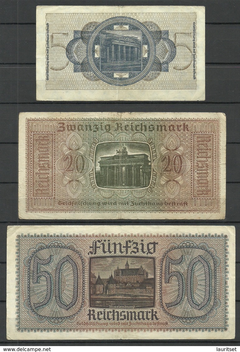 Germany Deutschland Occupation Territories Bank Notes 5 Reichsmark & 20 Reichsmark & 50 Reichsmark - WW2