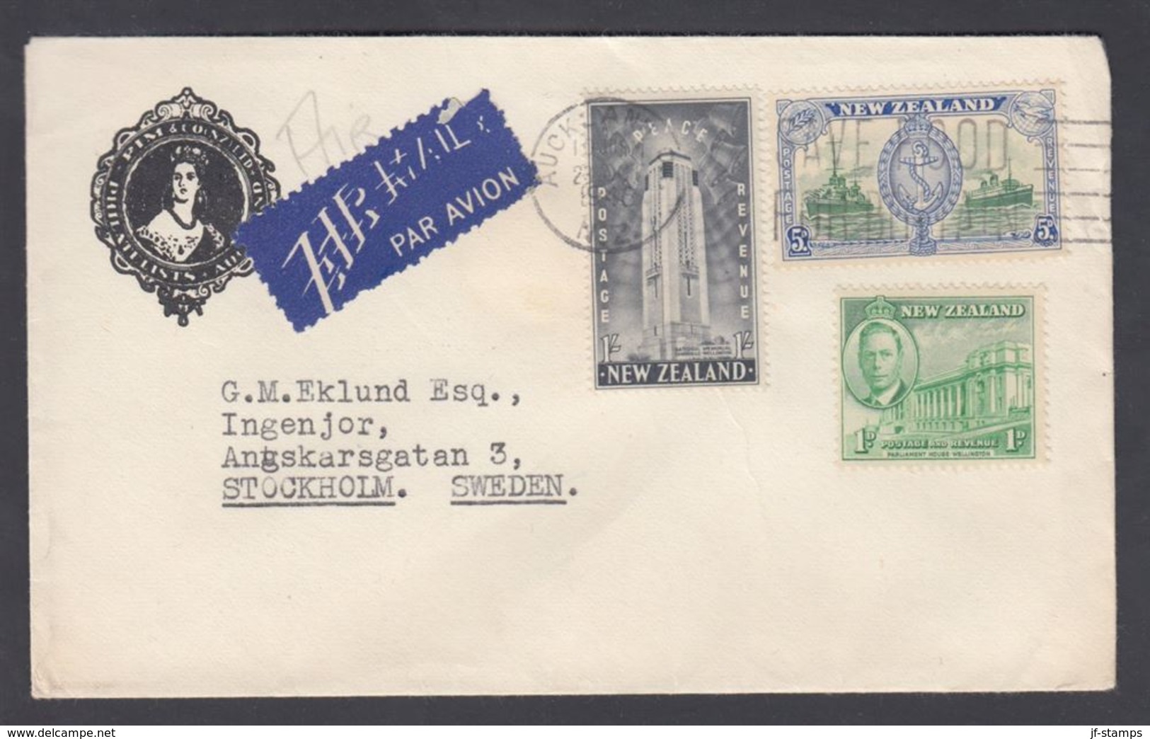 1946. New Zealand. PEACE 1 Sh.+ 5d + 1 D On Cover To Sweden From AUCKLAND N.Z. 23 OCT... (MICHEL 292+) - JF323614 - Brieven En Documenten