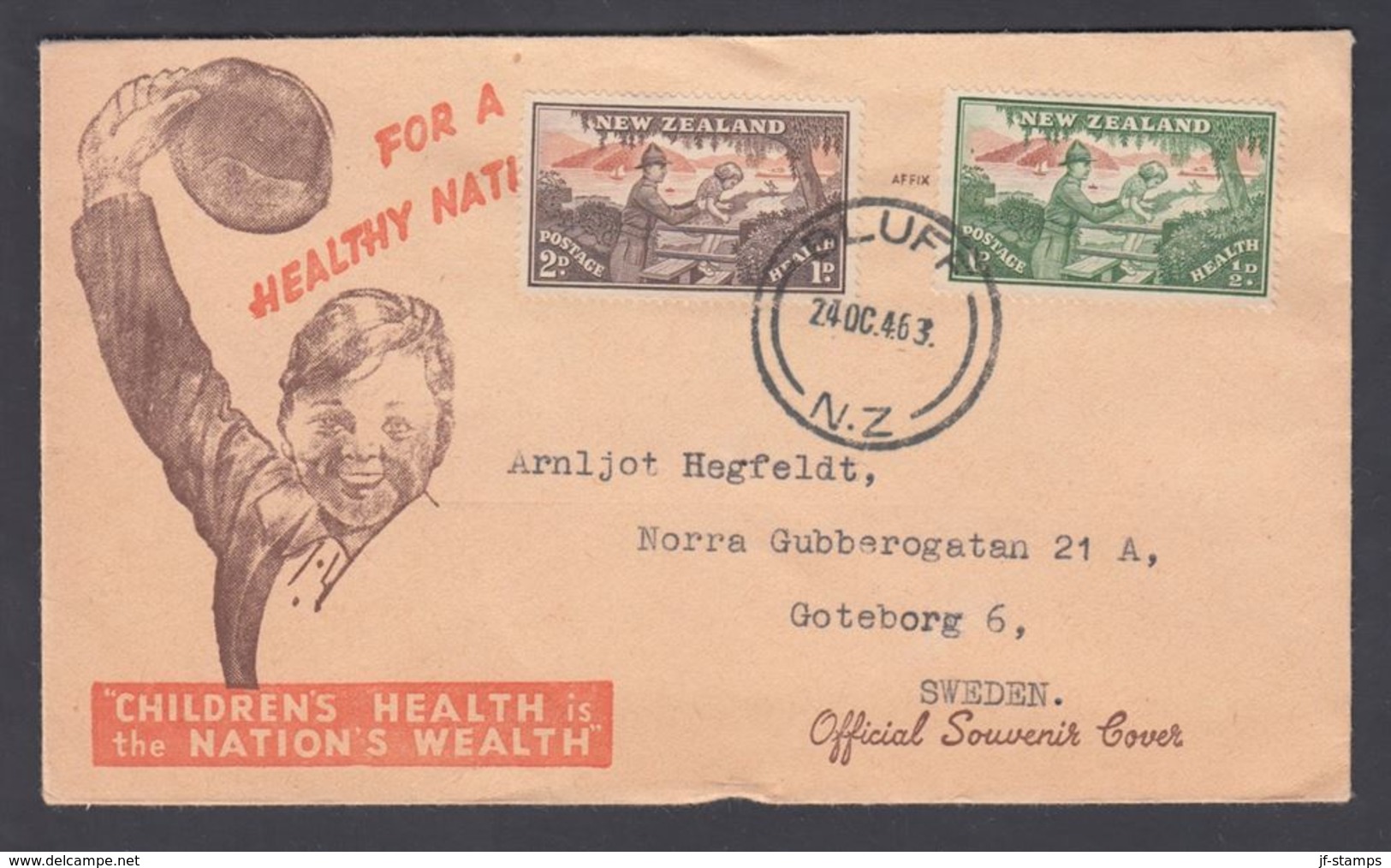 1946. New Zealand. HEALTH Complete Set On FDC To Sweden From BLUFF N.Z. 24.OC.46.  (MICHEL 293-294) - JF323623 - Briefe U. Dokumente