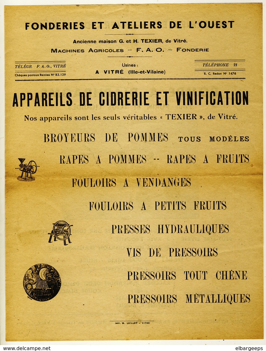 35 -Vitré  Fonderies Et Ateliers De L'Ouest - Machines Agricoles Appareils De Cidrerie Vinification - Pompe à Diaphragme - Andere Geräte