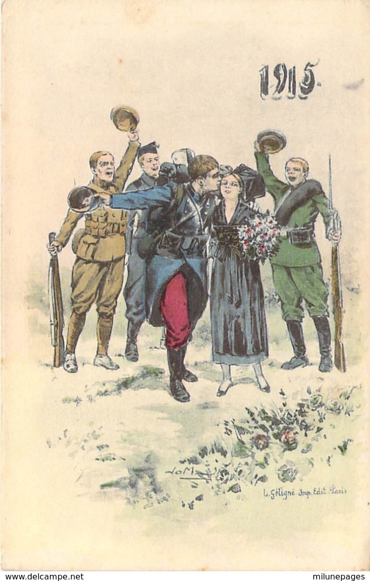 Carte Patriotique Illustrée Par Jom ? 1915 Soldats Français Et Alliés Et Alsacienne Reconnaissante - Hoffmann, Ad.