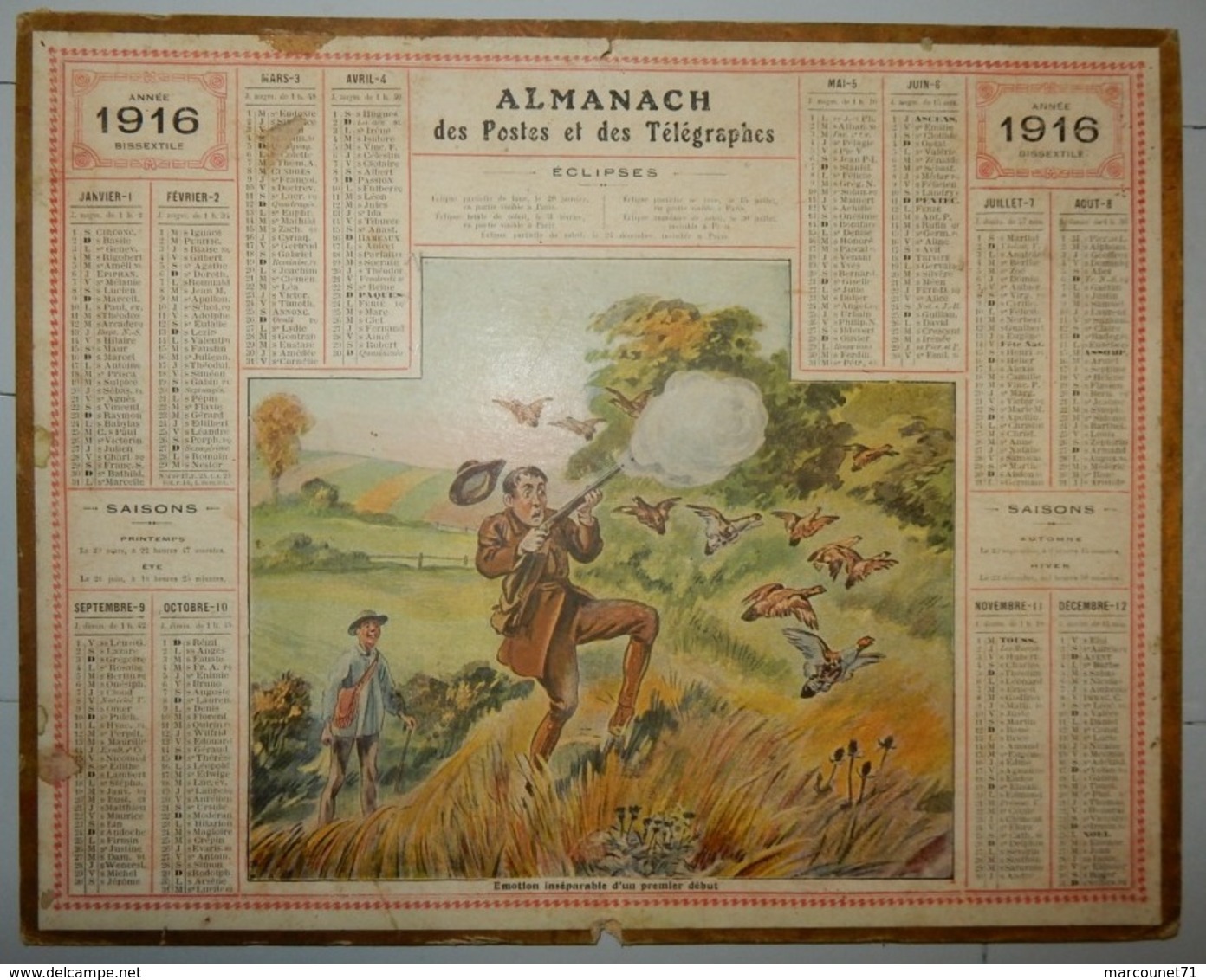 CALENDRIER ALMANACH DES POSTES ET TÉLÉGRAPHES 1916 DÉPARTEMENT DE LA LOIRE CHASSEUR PERDRIX - Big : 1901-20