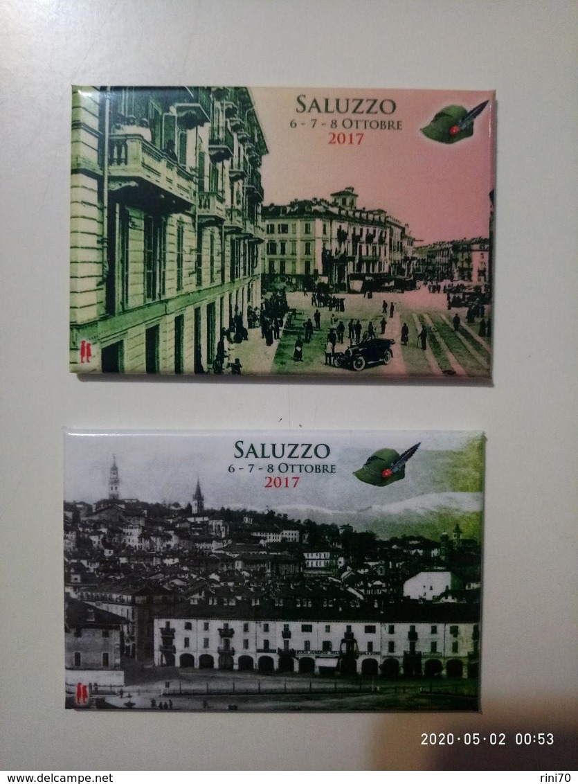 1 Set Lotto 2 Calamite CALAMITA SALUZZO 2017 Raduno ALPINI Italia Lucide 78x53 Mm - Tourisme