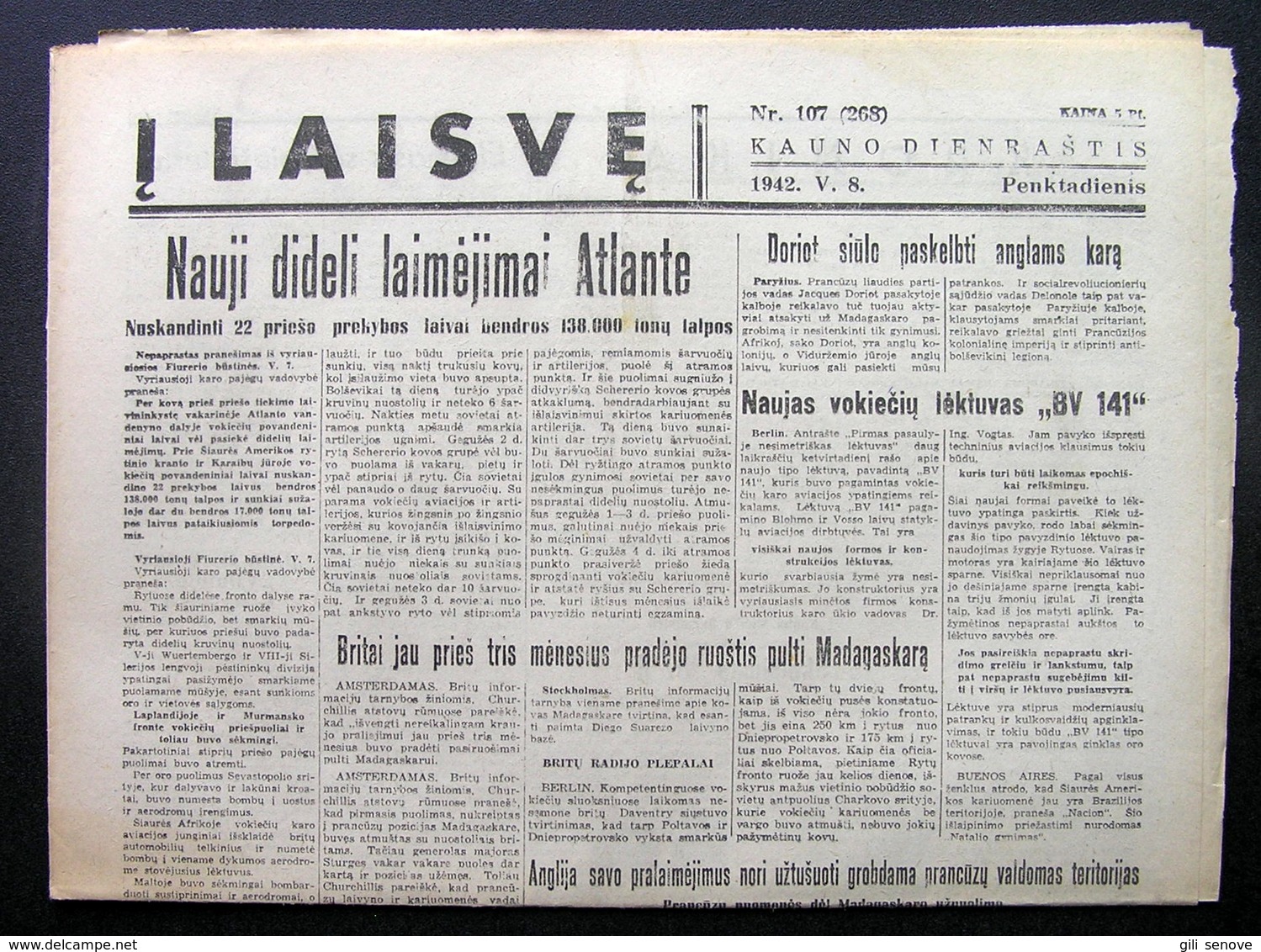 Lithuanian Newspaper/ Į Laisvę No. 107 1942.05.08 - Informations Générales