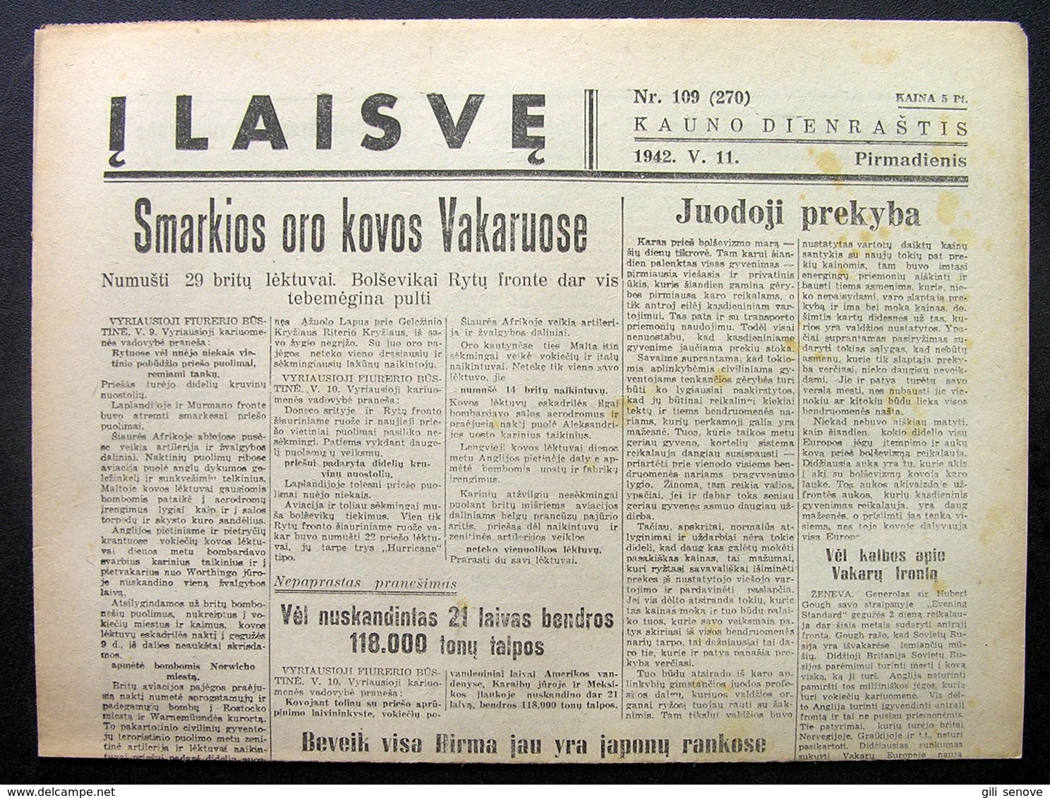 Lithuanian Newspaper/ Į Laisvę No. 109 1942.05.11 - Informations Générales