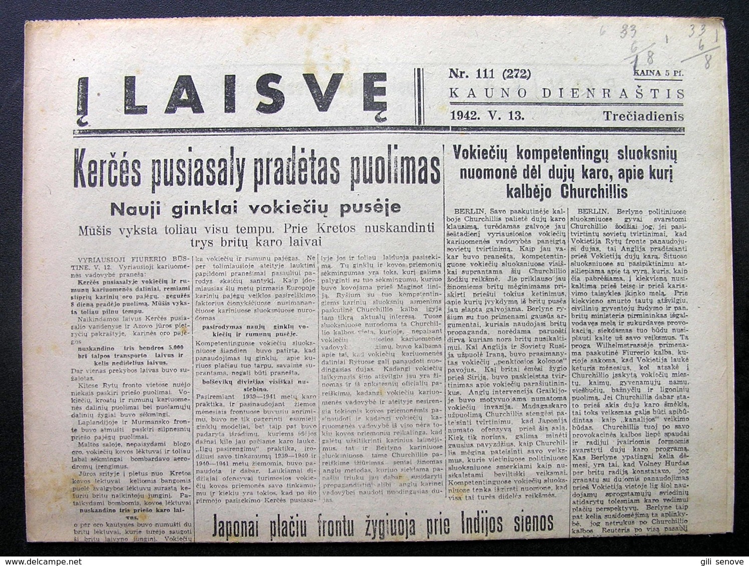 Lithuanian Newspaper/ Į Laisvę No. 111 1942.05.13 - Informations Générales
