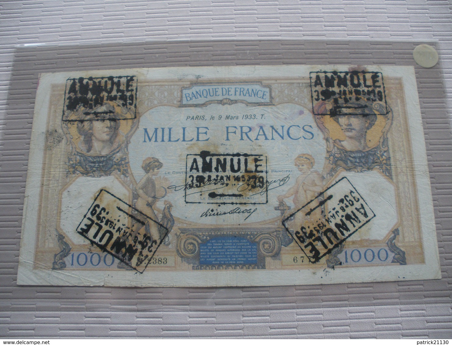 BILLET 1000F CERES ET MERCURE TAMPONNE ANNULLE RARE - 1 000 F 1927-1940 ''Cérès Et Mercure''