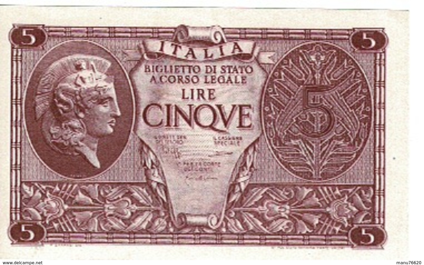 Billet Italie - BIGLIETTO DI STATO Cinqve Lire 1944 - Autres & Non Classés