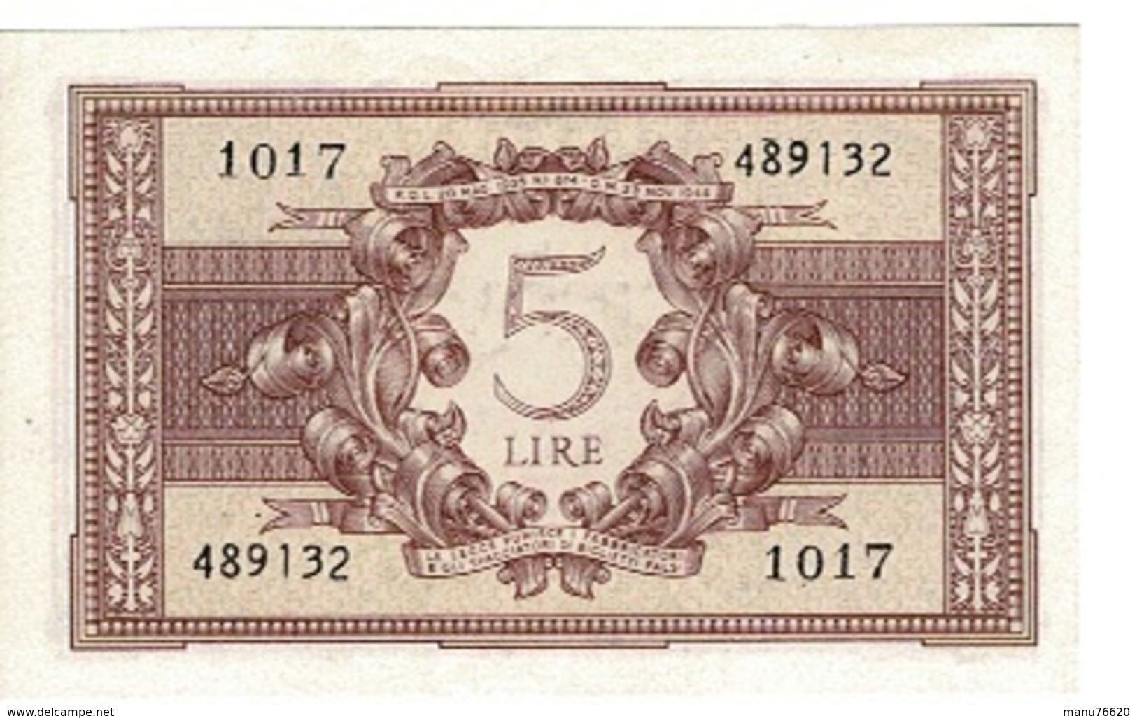 Billet Italie - BIGLIETTO DI STATO Cinqve Lire 1944 - Other & Unclassified