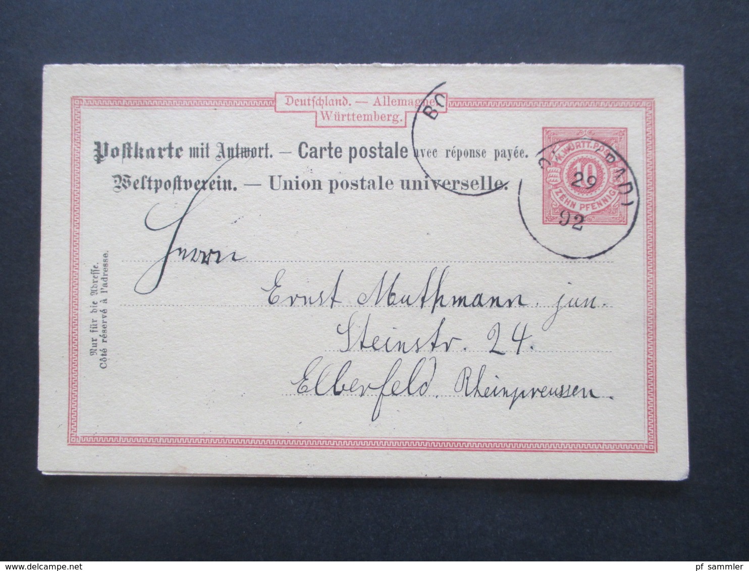 AD Württemberg 1892 Ganzsache / Doppelkarte Stempel Boll (Bad) Nach Elberfeld Rheinpreussen - Postwaardestukken