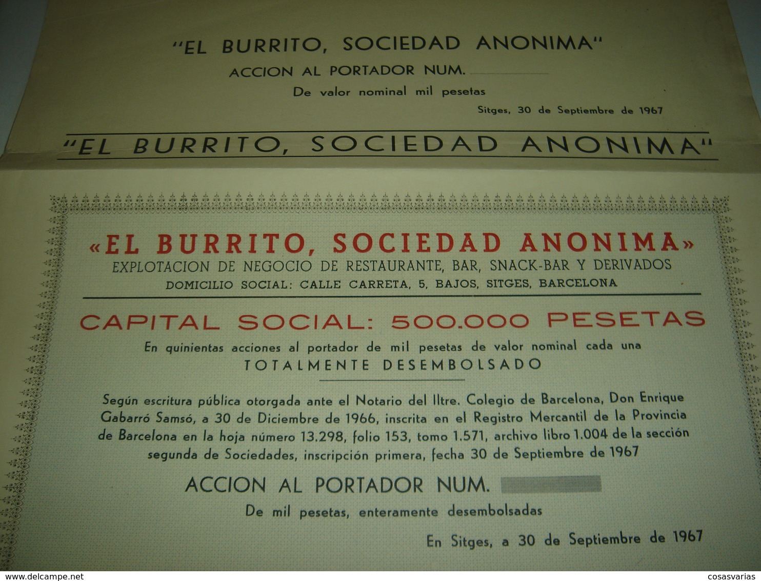 EL BURRITO RESTAURANTE BAR - Acción De 1000 Pesetas - Sitges, 30 Septiembre 1967 Original ACTION AKTION - Toerisme