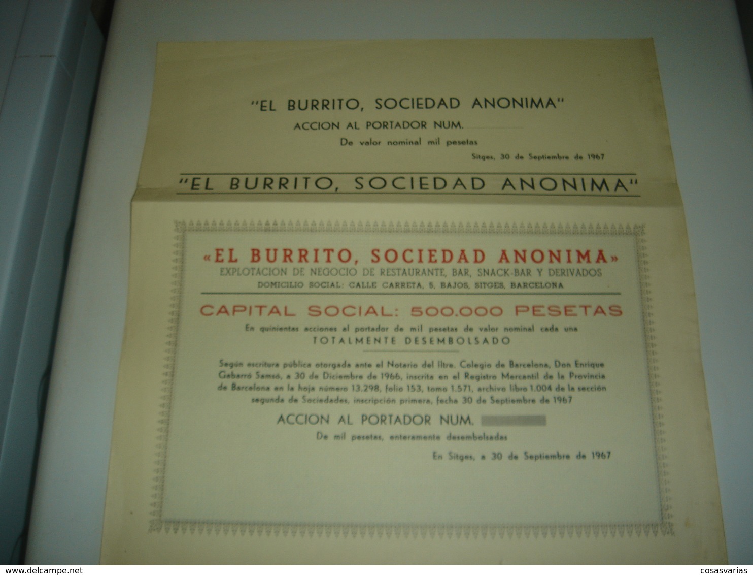 EL BURRITO RESTAURANTE BAR - Acción De 1000 Pesetas - Sitges, 30 Septiembre 1967 Original ACTION AKTION - Toerisme