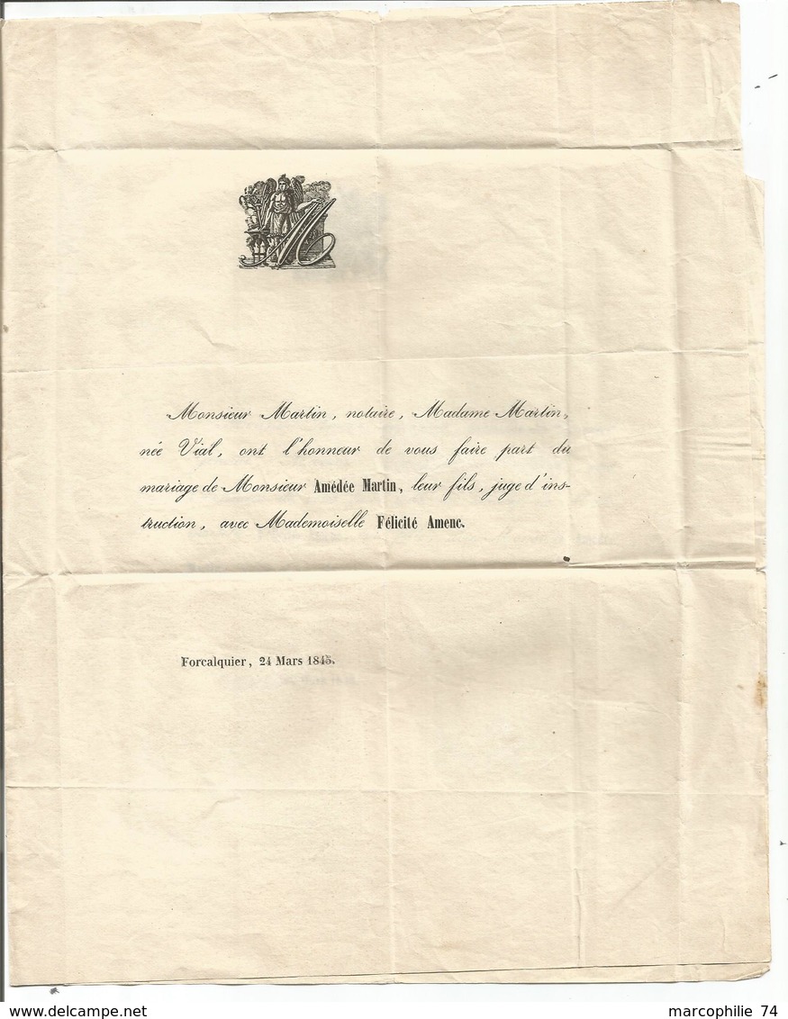 FAIR PART MARIAGE LETTRE FORCALQUIER 24 MARS 1845 + PP ROUGE + TAXE 1 AU DOS + VOLONNE - 1801-1848: Precursori XIX