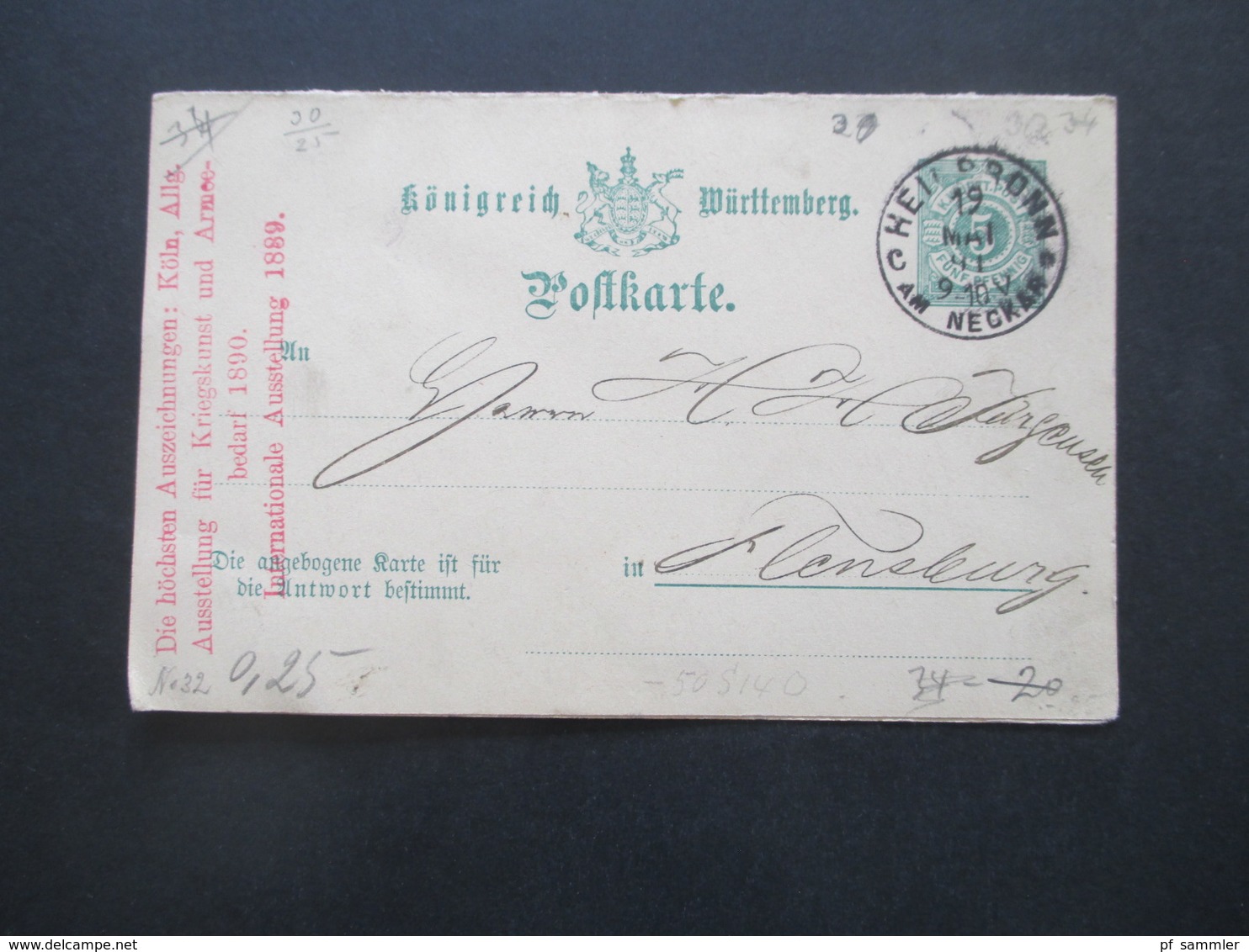 AD Württemberg 1891 Doppelkarte Roter Stempel Höchste Auszeichnung Ausstellung Für Kriegskunst Und Armeebedarf 1890 - Interi Postali
