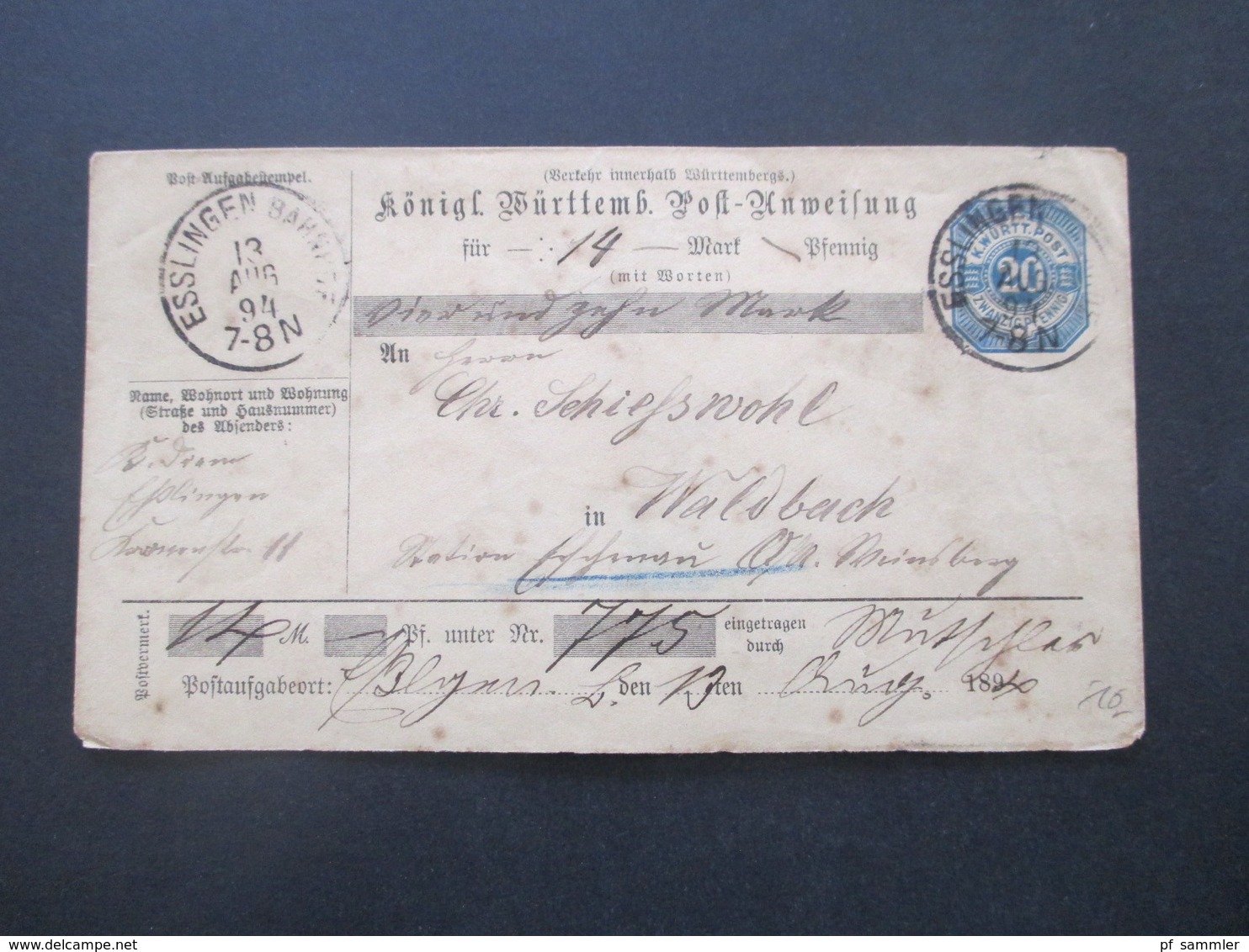 AD Württemberg 1894 Postanweisung Umschlag U 41 (?!) Strempel K1 Esslingen Bahnhof Rücks. Eschenau - Postal  Stationery