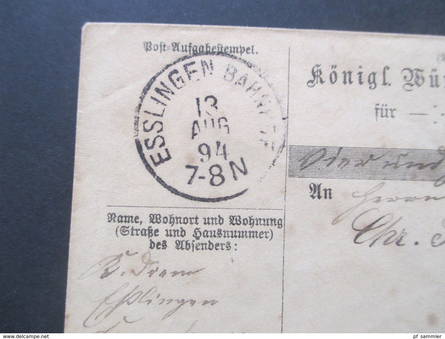 AD Württemberg 1894 Postanweisung Umschlag U 41 (?!) Strempel K1 Esslingen Bahnhof Rücks. Eschenau - Postal  Stationery